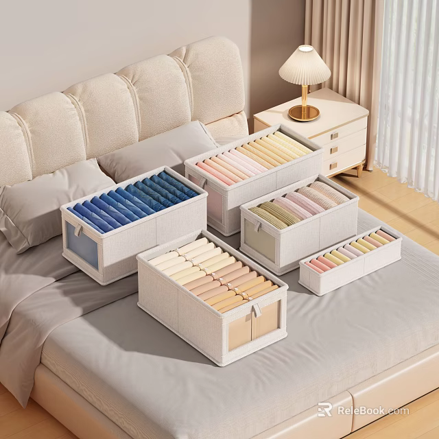 Colorful Folded Clothes Neatly Organized in Storage Boxes on Bedroom Bed 3d model 