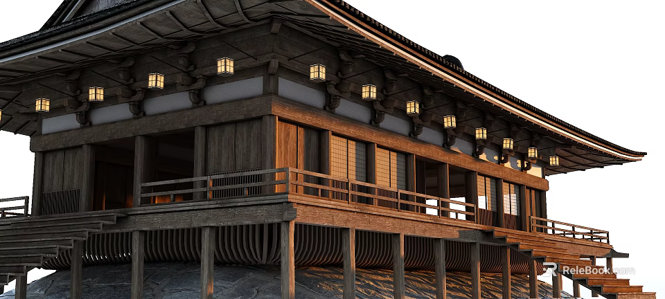 Traditional Ancient Architecture With Wooden Structure Curved Roof Railing And Ornate Windows 3d model 