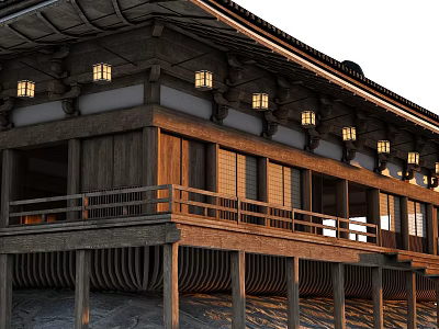 Traditional Ancient Architecture With Wooden Structure Curved Roof Railing And Ornate Windows 3d model