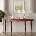 Elegant Wooden Console Table With Framed Painting Table Lamps Vases And Potted Plants