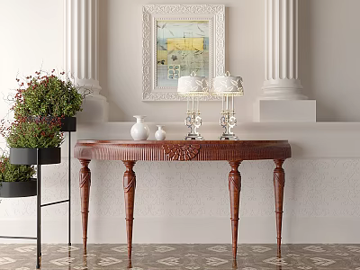 Elegant Wooden Console Table With Framed Painting Table Lamps Vases And Potted Plants 3d model