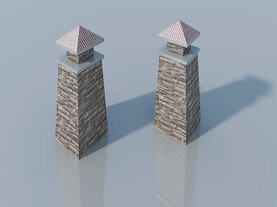 Stone Flat Door Design with Tower like Structures and Roofed Tops on Gray Background 3d model