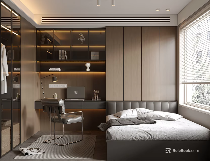 Modern Tatami Bedroom Interior With Glass Wardrobe Desk Lamp Bed And Window Blinds 3d model 