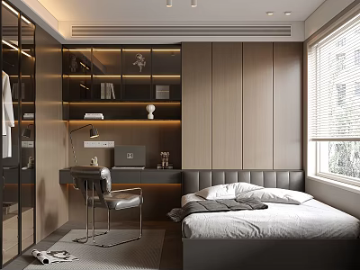 Modern Tatami Bedroom Interior With Glass Wardrobe Desk Lamp Bed And Window Blinds 3d model