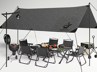Sturdy Outdoor Table Setup Under Canopy With Chairs Grill And Food Platter 3d model