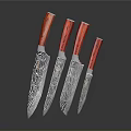 Red Handled Knives With Patterned Blades Displayed On Dark Background 3d model