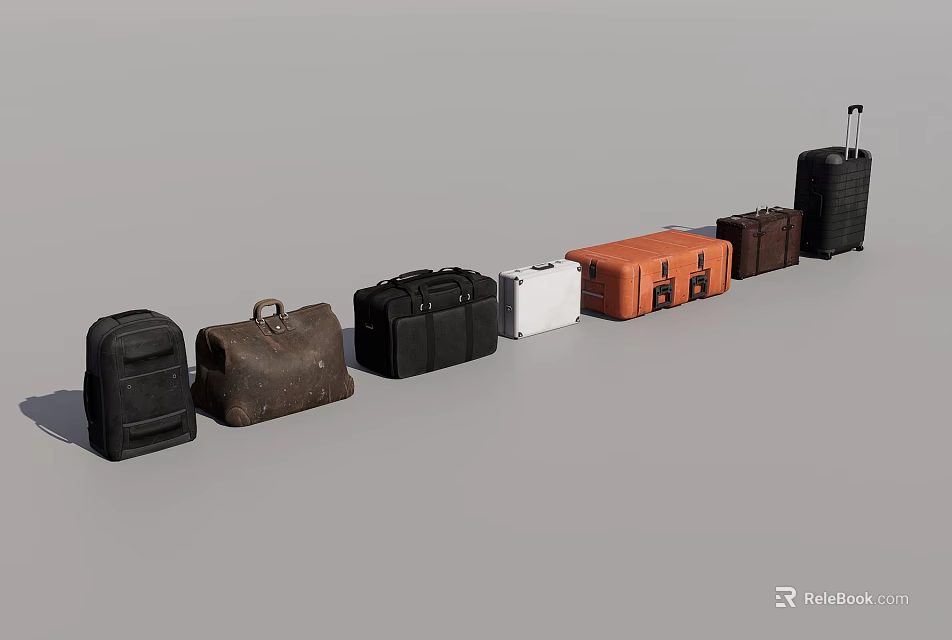 Stylish Assorted Luggage Collection With Black Brown Orange White Wheeled Suitcases And Handheld Bags 3d model 