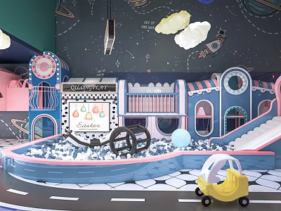 Space Themed Kids Play Area With Slide Ball Pit And Toy Car 3d model