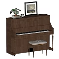 Upright Wooden Piano with Framed Painting Potted Plant Alarm Clock Books and Stool