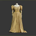 Man Wearing Yellow Long Dress With Puffed Sleeves And Cinched Waist On Black Background