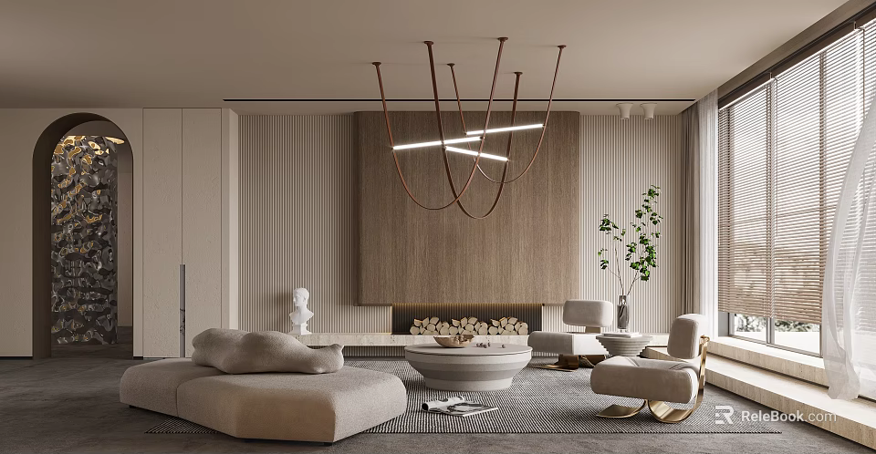 Modern Living Room Interior Design With Unique Copper Chandelier Wooden Slat Wall And Fireplace 3d model 