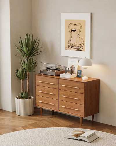 Wooden Storage Cabinet with Drawers and Metal Handles in Room with Green Plant and Lamp 3d model