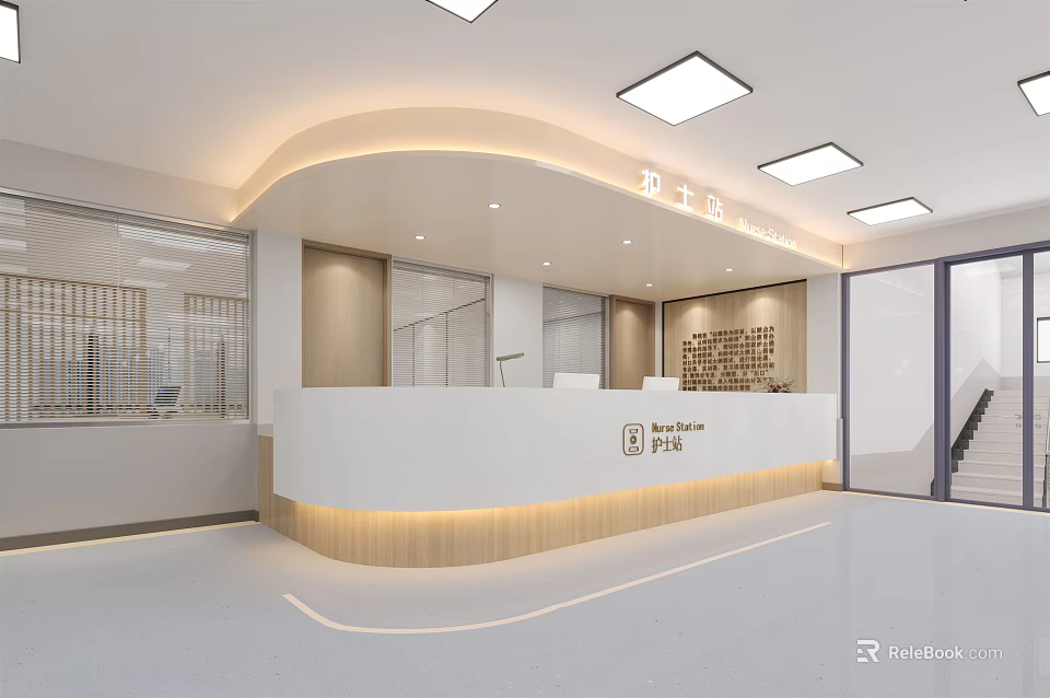 Modern Reception Area With Curved Front Desk Wood White Finish And Ceiling Lights 3d model 