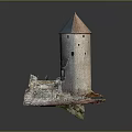 Ancient Stone Tower Architectural Structure On Rock Base With Small Trees 3d model