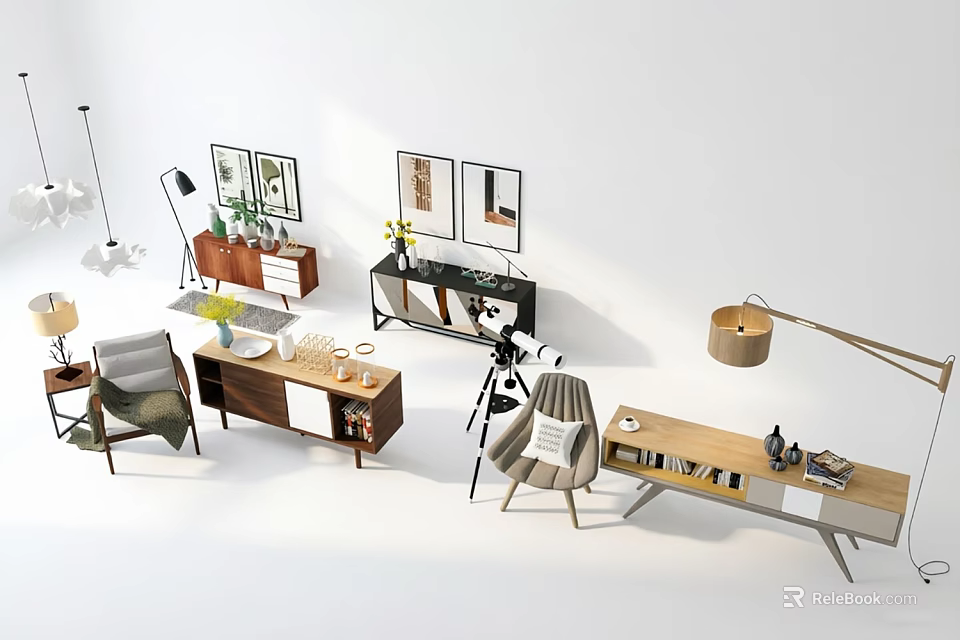 Modern Living Room Decorative Cabinet With Furniture Decorative Items Table Lamps And Wall Paintings 3d model 