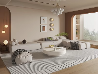 Cozy Modern Cream Tone Living Room With Soft Sectional Sofa And Elegant Warm Home Decor 3d model
