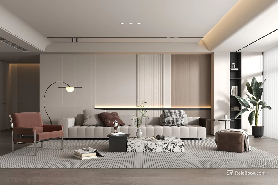 Modern Living Room Interior With Sofa Armchair Coffee Table Rug Floor Lamp And Plants 3d model 