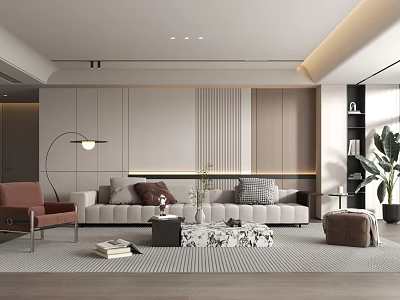 Modern Living Room Interior With Sofa Armchair Coffee Table Rug Floor Lamp And Plants 3d model
