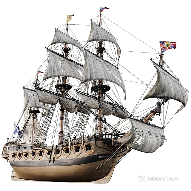 Antique Sailing Ship With Multiple Masts Full Sails And Flags 3d model 