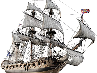 Antique Sailing Ship With Multiple Masts Full Sails And Flags 3d model