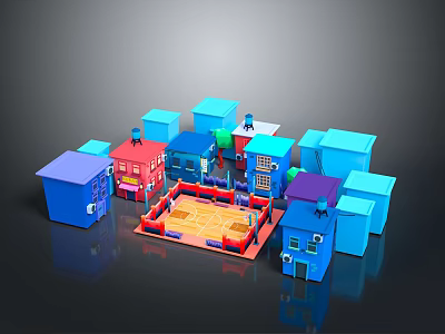Colorful Miniature Buildings Forming Small Community With Central Open Plaza Area 3d model