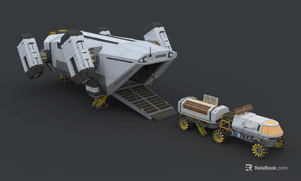 Futuristic Spacecraft With Docked Rover And Sci Fi Exploration Equipment 3d model