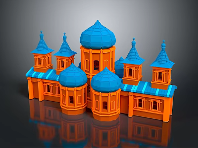 Ancient Architecture With Orange Main Structure Blue Domes Spires And Windows Design 3d model
