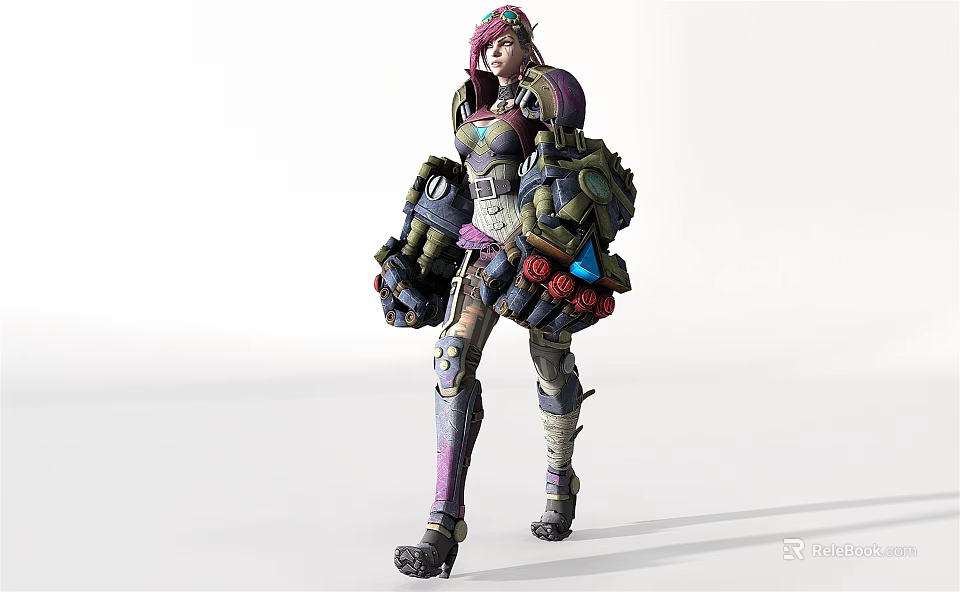 Game Movie Character With Pink Hair Mechanical Armor Large Arm Mechanisms Purple Green Red Accents 3d model