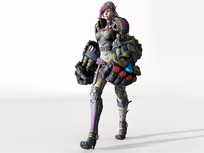 Game Movie Character With Pink Hair Mechanical Armor Large Arm Mechanisms Purple Green Red Accents 3d model
