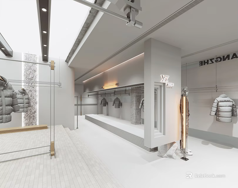 AMAXH Modern Clothing Store Interior With White Design Glass Door And Clothes On Hangers 3d model 