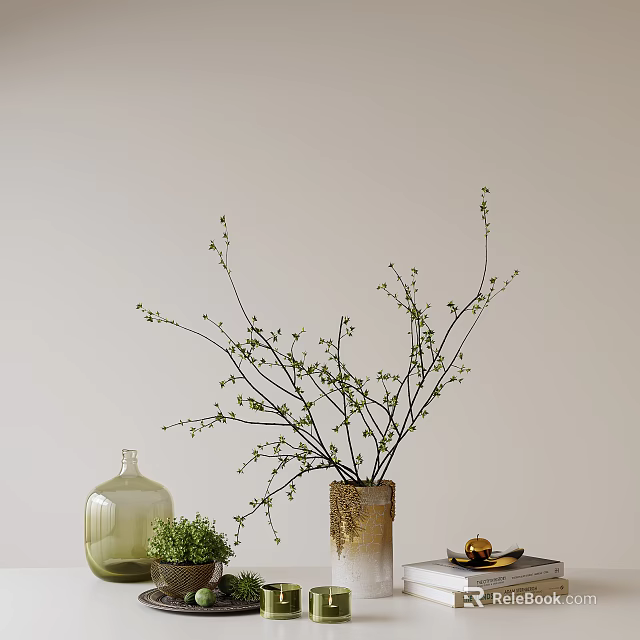 Decorative Ornament Set Featuring Flowering Branch Vase Green Glass Bottle Small Plant And Golden Accent 3d model 