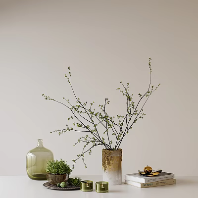 Decorative Ornament Set Featuring Flowering Branch Vase Green Glass Bottle Small Plant And Golden Accent 3d model