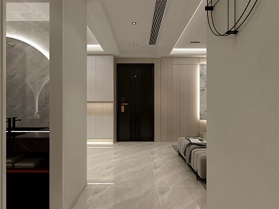 Modern Elegant Living Dining Room With Open Concept Marble Floor Beige Walls White Cabinets And Sofa 3d model