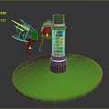 Futuristic Mechanical Setup With Green Platform Transparent Cylinder Container Green Liquid And Flying Insects