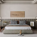 Modern Bedroom Interior Design With Upholstered Headboard Wooden Wall Art And Wall Lamps