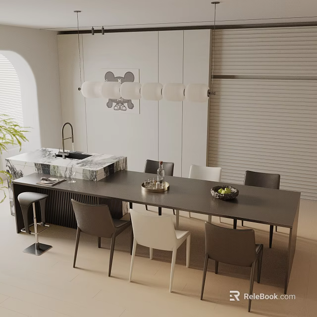 Modern Dining Table Set With Chairs Marble Island And Pendant Light 3d model 
