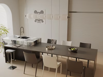 Modern Dining Table Set With Chairs Marble Island And Pendant Light 3d model