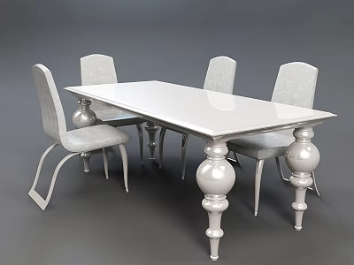 Modern White Rectangular Dining Table Set with Gray Upholstered Chairs and Decorative Ball Legs 3d model