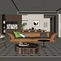 Modern Living And Dining Room Interior With Brown Sofa Wooden Coffee Table And Decorative Painting