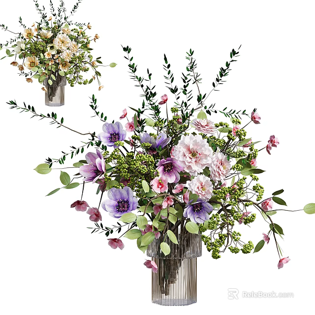 Beautiful Colorful Flowers In Decorative Vase With Purple Pink White Blooms Green Leaves And Branches 3d model 
