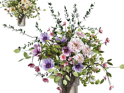 Beautiful Colorful Flowers In Decorative Vase With Purple Pink White Blooms Green Leaves And Branches 3d model