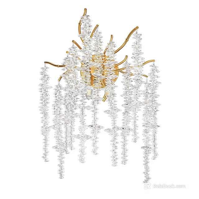 Elegant Modern Wall Lamp with Gold Metal Frame and Hanging Crystal Decorations 3d model 