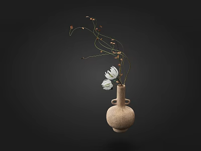 Clay Vase With White Flowers And Curved Branches On Dark Background 3d model