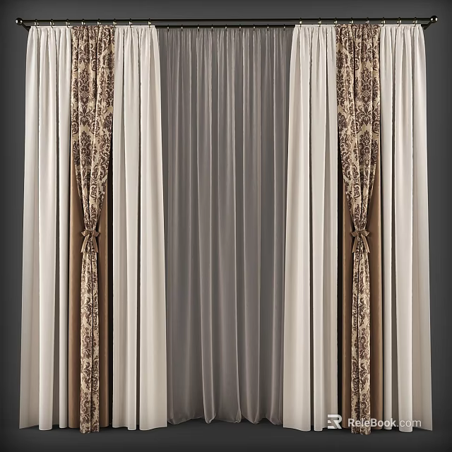 Elegant Double Layer Window Curtains With Patterned Panels And Sheer Voile Tiebacks 3d model