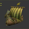 Vintage Wooden Viking Ship with Green Yellow Striped Sail Yellow Flag and Dragon Head