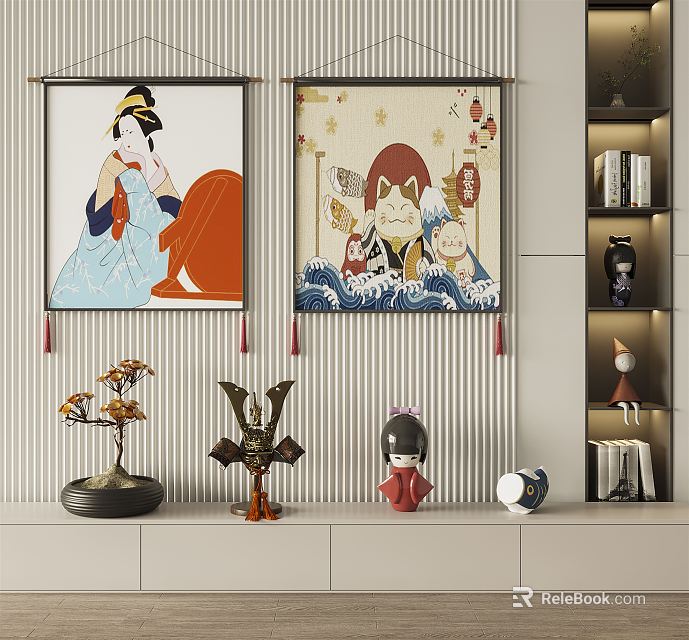 Japanese Style Decorative Ornament Combination With Wall Art Bonsai Sculpture Doll Vase And Striped Wall 3d model 