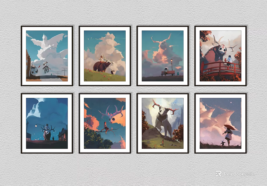 Eight Fantasy Themed Wall Art Prints With Animals Characters And Cloud Scenes On White Wall 3d model 
