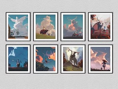 Eight Fantasy Themed Wall Art Prints With Animals Characters And Cloud Scenes On White Wall 3d model
