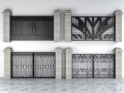 Modern Entry Gates With Diverse Metal Grille Designs And Stone Pillars On Paved Ground 3d model