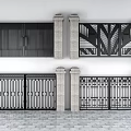 Modern Entry Gates With Diverse Metal Grille Designs And Stone Pillars On Paved Ground